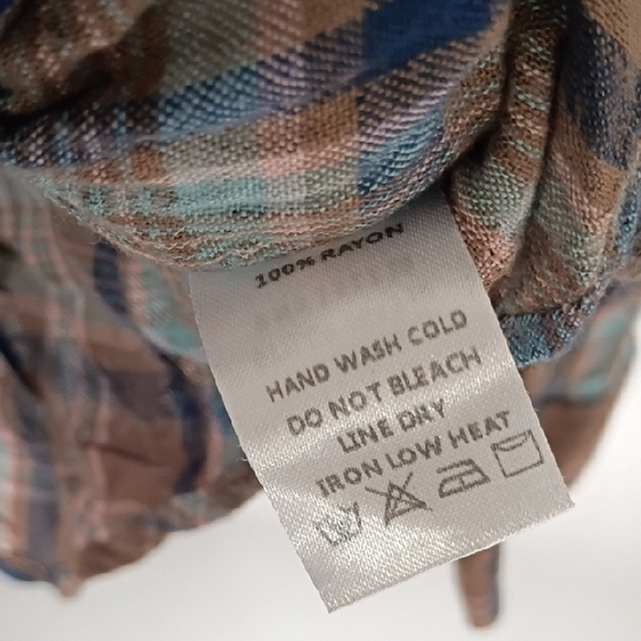 Ee:Some Brown Blue Plaid Button Up Shirt Women’s Small Rayon Boho Top Cottage - Picture 5 of 9